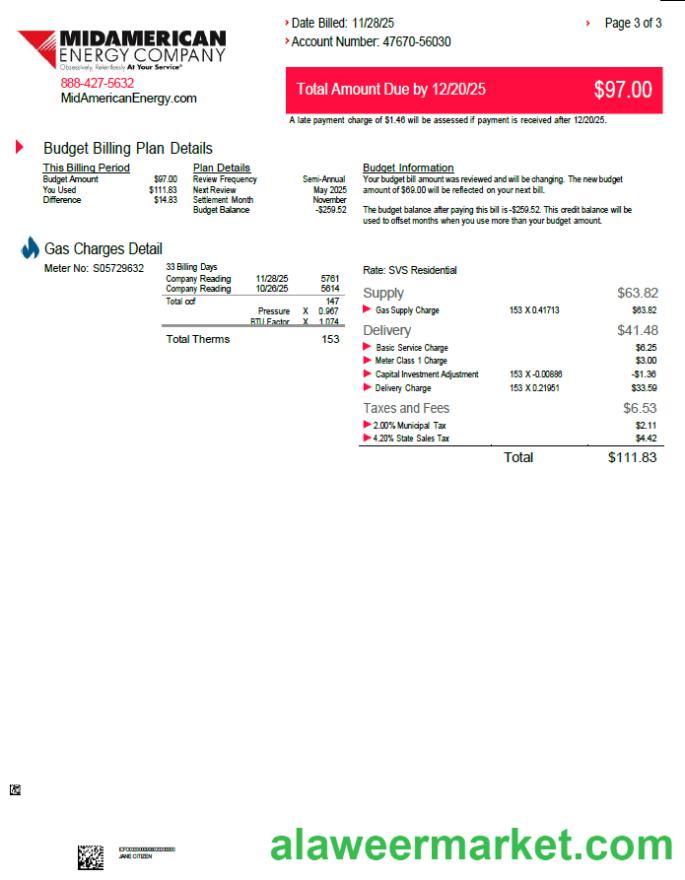 USA MidAmerican Energy Company utility bill template in Word and PDF formats, 3 pages, 3rd page